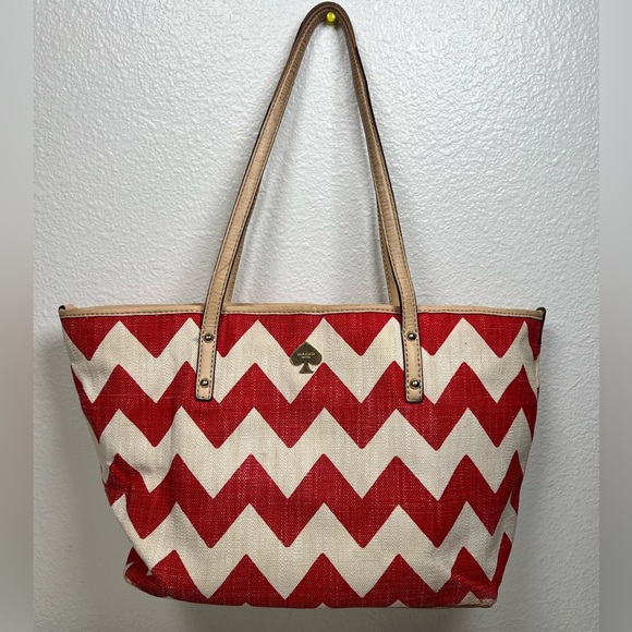 Kate Spade ♠️ Red Cream Summer Tote Shoulder Bag - Picture 1 of 14